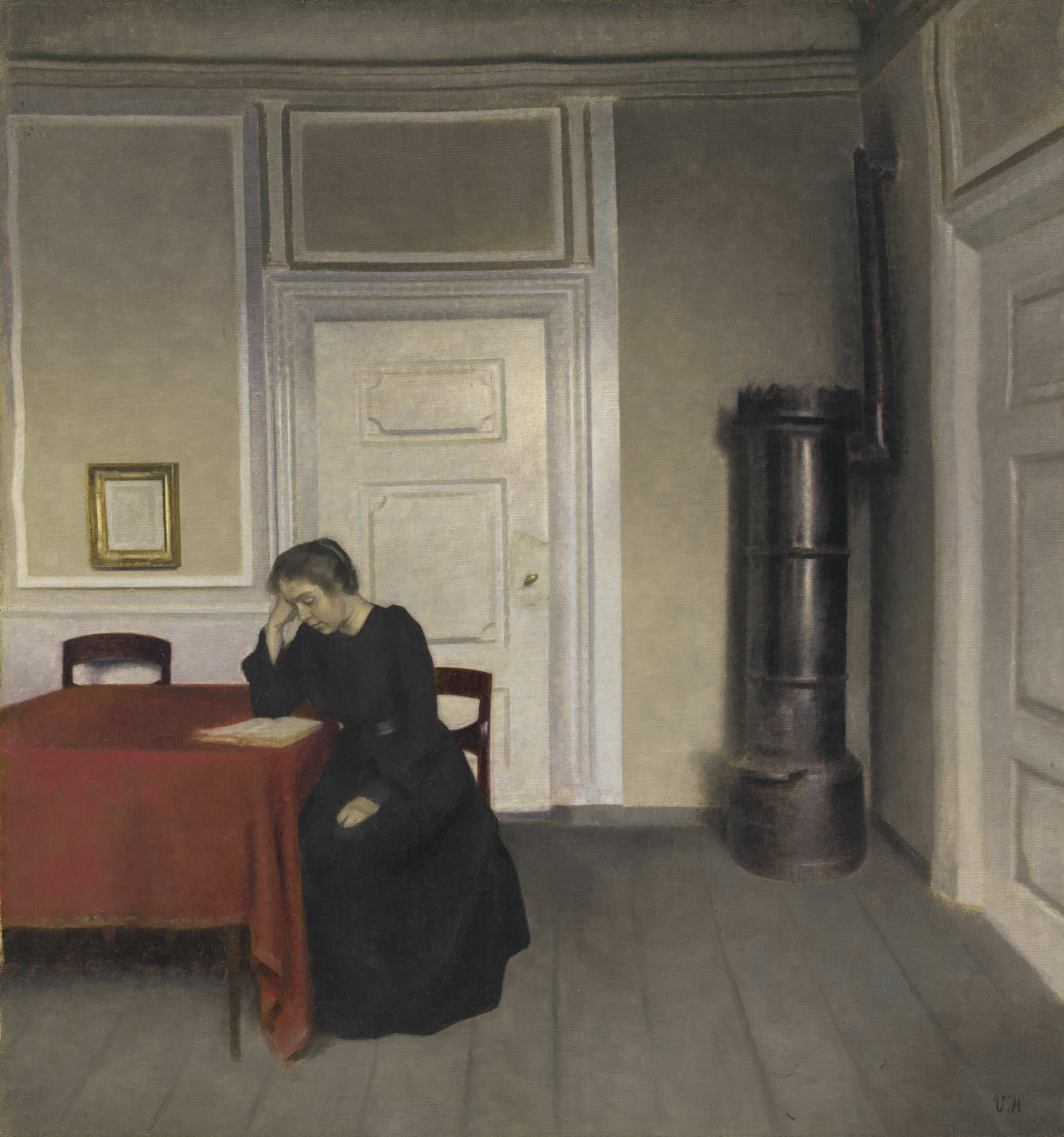 Una habitación en la casa de Vilhelm Hammershøi en Strandgade, Copenhague, con la mujer del artista, 1902 Fuente: Museo Nacional Thyssen-Bornemisza